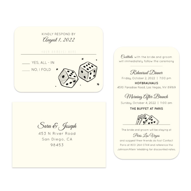 boarding pass style wedding invitation suite with RSVP card and information card featuring sketches of a set of die and a deck of cards