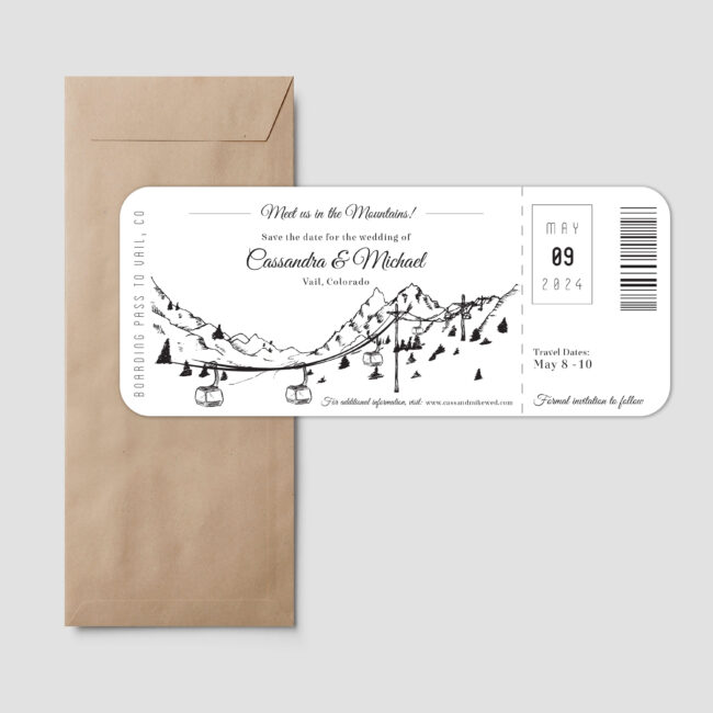 Boarding pass style save the date feature a gondola