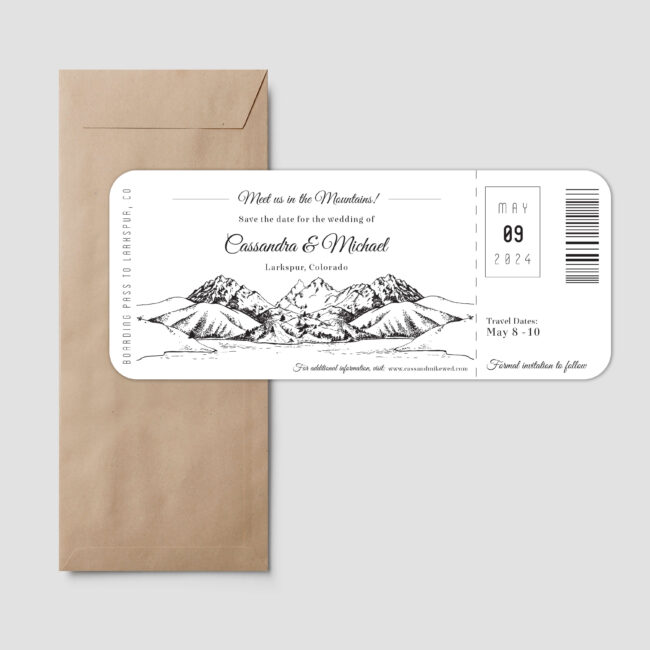 Boarding pass style save the date feature mountain sketch with a lake