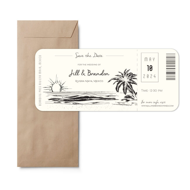Ivory Plane Ticket Save the Date with Beach Sketch