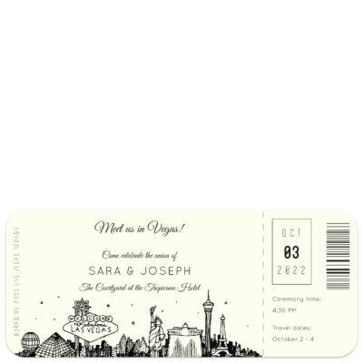 boarding pass style wedding invitation with sketch of las vegas skyline