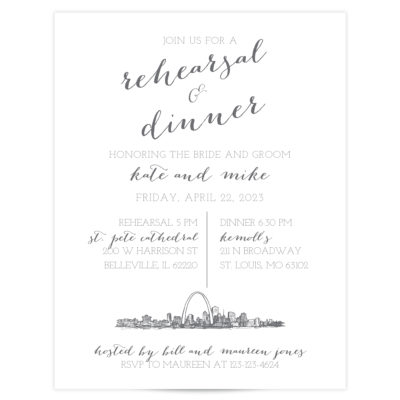 gray and white rehearsal dinner invitations