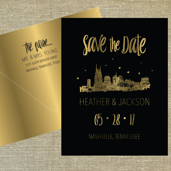 Gold Foil and Black Skyline Save the Date
