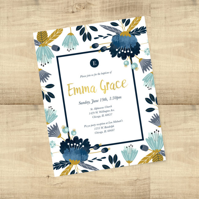 Navy and Yellow Floral Baptism Invitations