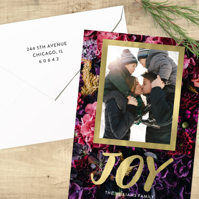 Floral Joy - Gold with Flowers Photo Holiday Card