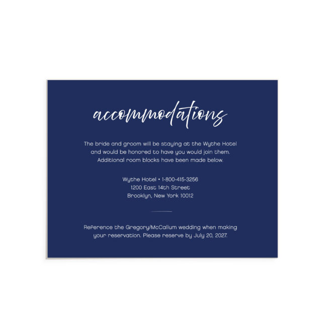 Navy wedding invitation with white ink printing