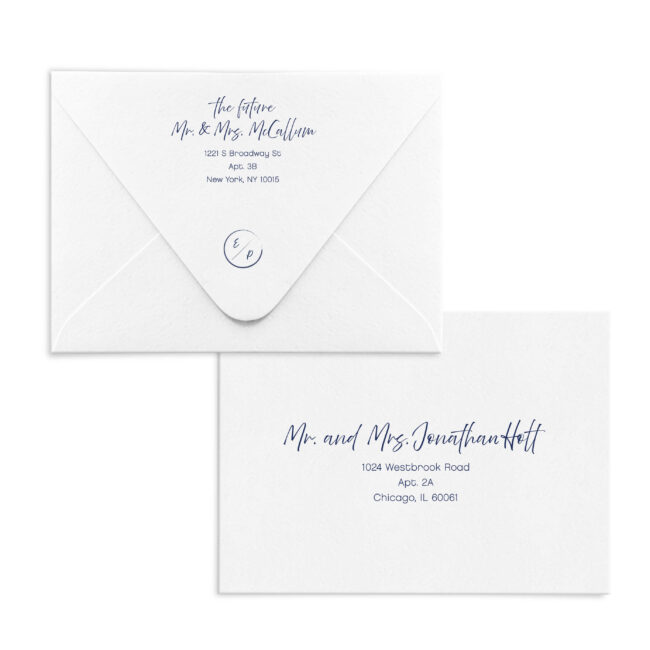 Navy and white wedding invitation suite, return and guest address printing