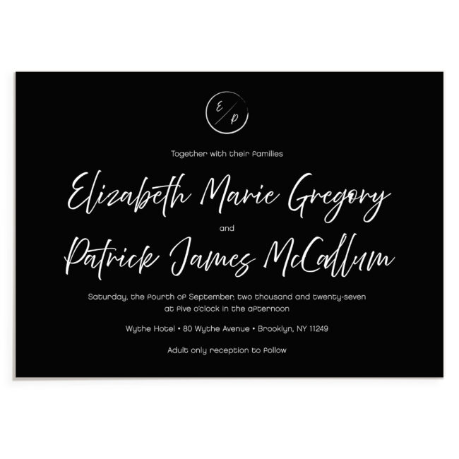 black wedding invitation with white ink printing