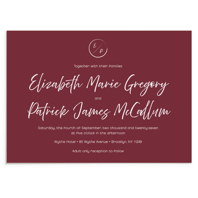 burgundy wedding invitation with white ink printing