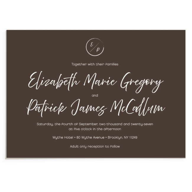 mocha brown wedding invitation with white ink printing