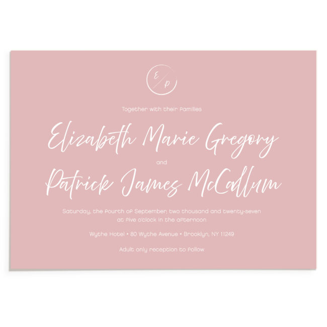 dusty rose wedding invitation with white ink printing