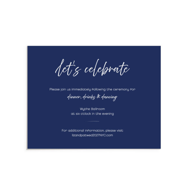 Navy wedding invitation with white ink printing