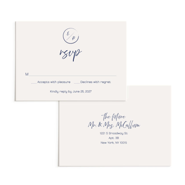 Navy and white wedding invitation suite, rsvp envelope address printing