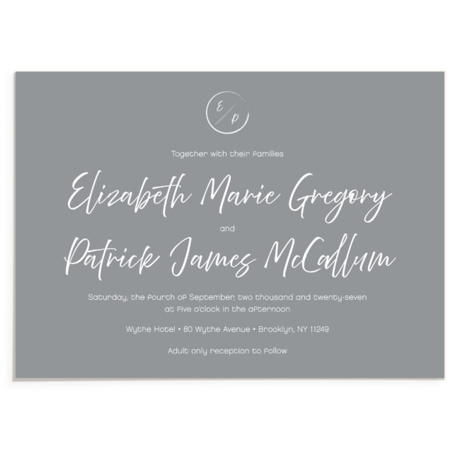 slate gray wedding invitation with white ink printing