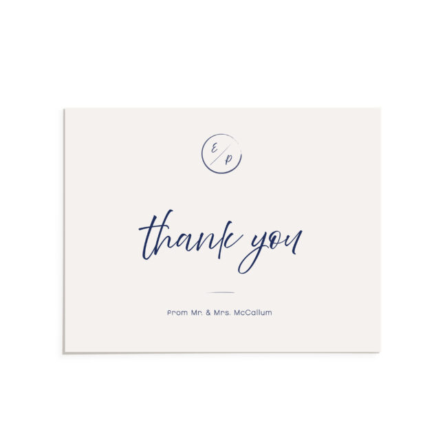 Navy and white wedding invitation suite, thank you card