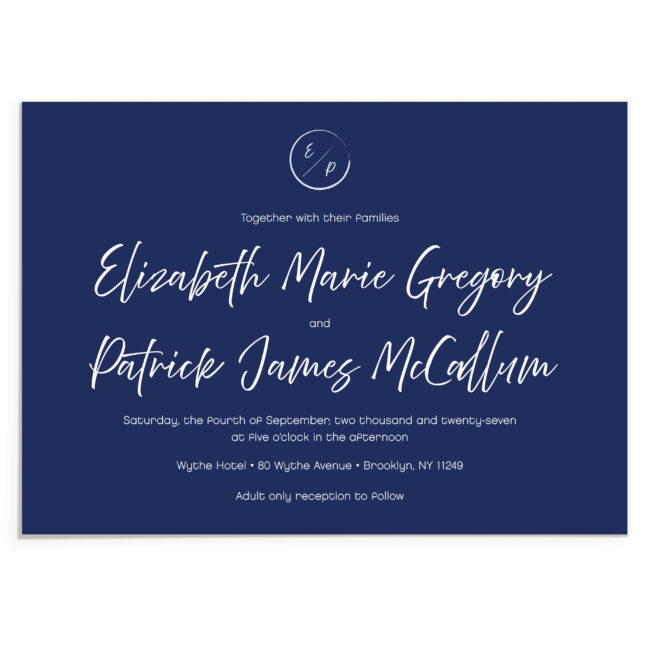 Navy wedding invitation with white ink printing