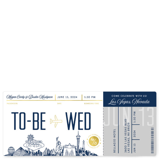 boarding pass style wedding invitation with city skyline