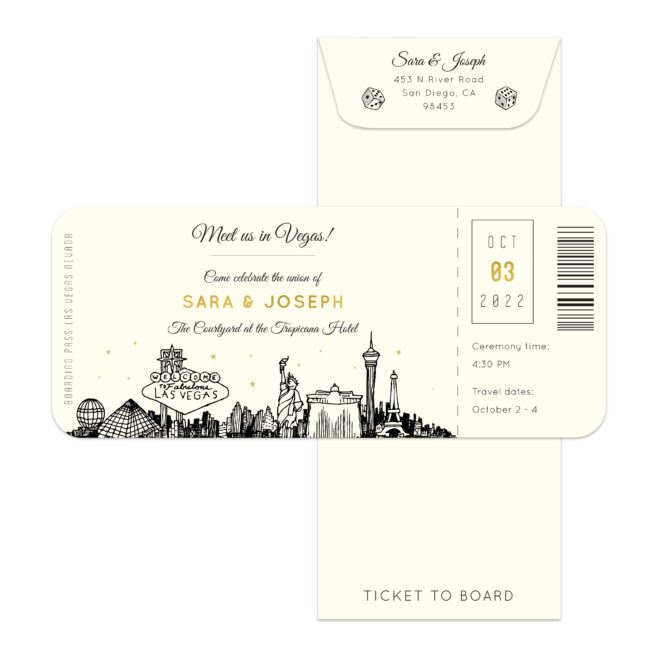 boarding pass style wedding invitation featuring a sketch of the las vegas skyline