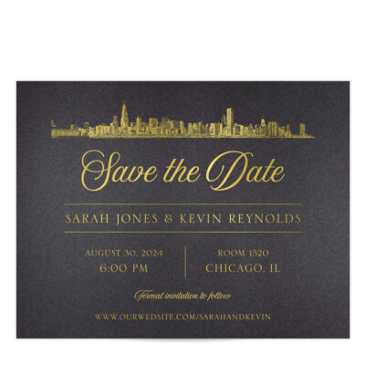 Foil save the date with city skyline printed on black shimmer paper