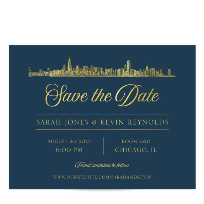 Foil save the date with city skyline printed on navy paper