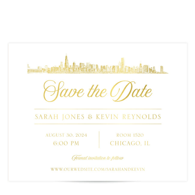 Foil save the date with city skyline printed on white paper