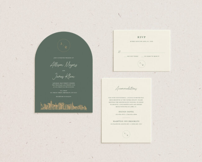 monogram arch wedding skyline invitation, full suite pictured